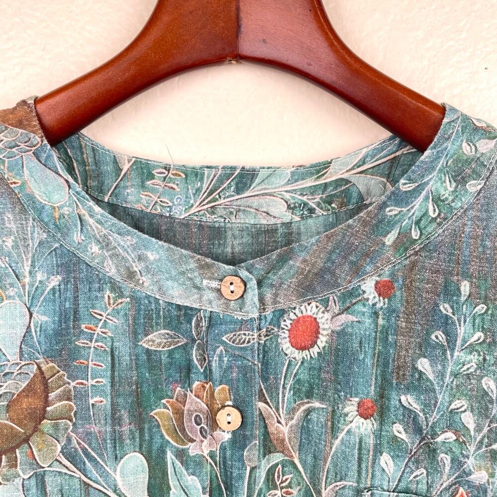 Womens Top Sz M Linen‎ Cottage Fairy Bird Statement Sustainable Ethereal Boho - Picture 6 of 9